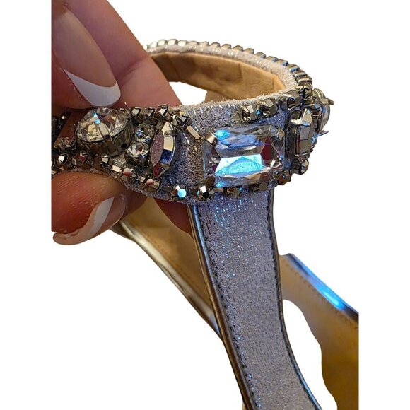 Antonio Melani Silver Glitter Rhinestone T-Strap Heels With Zipper Back Closure - Picture 4 of 16